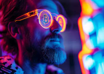 A man with a beard wearing glowing neon sunglasses with the Bitcoin logo on the lenses is illuminated by vibrant pink, blue, and orange lights in a futuristic setting. | Crypto.hu.net