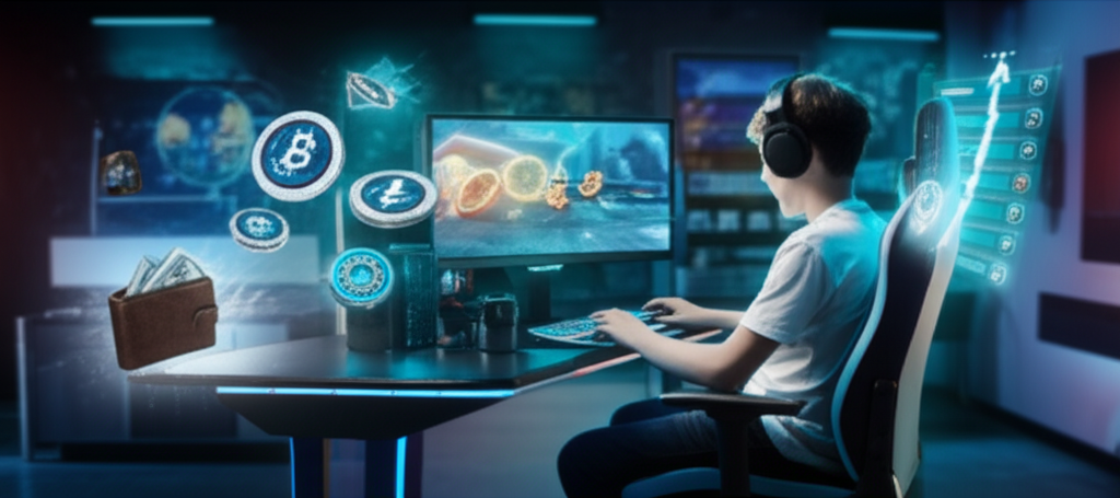 Young gamer at futuristic setup with blockchain elements on screen.