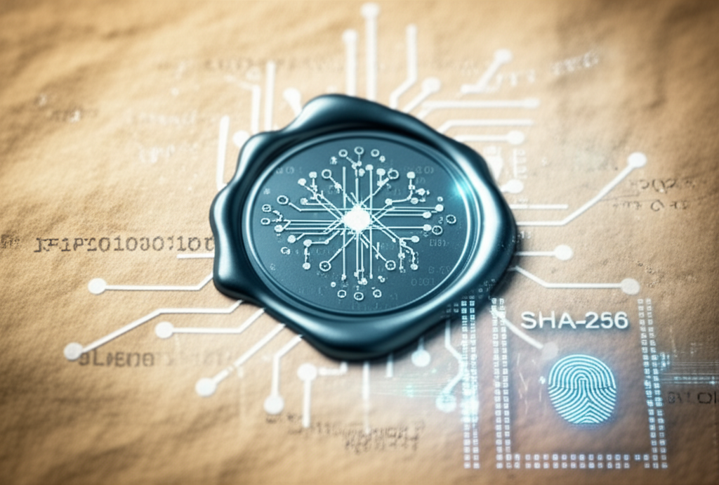 Glowing digital wax seal with binary codes on parchment background.