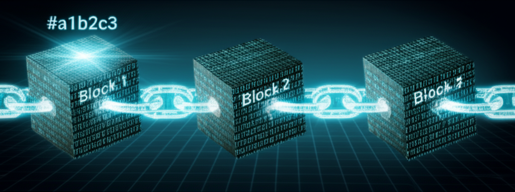 3D cubes linked by arrows, illustrating blockchain stages and cryptographic security.