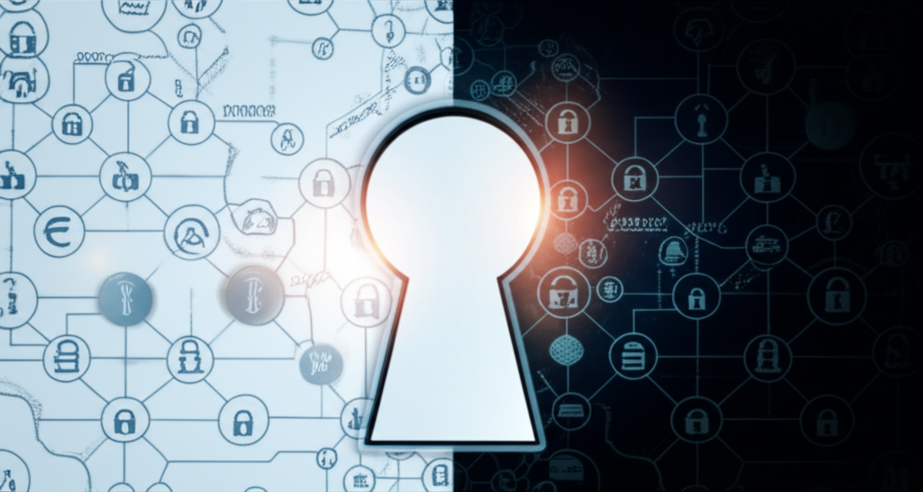 Digital illustration of blockchain grid with open and closed padlocks, split by a keyhole.