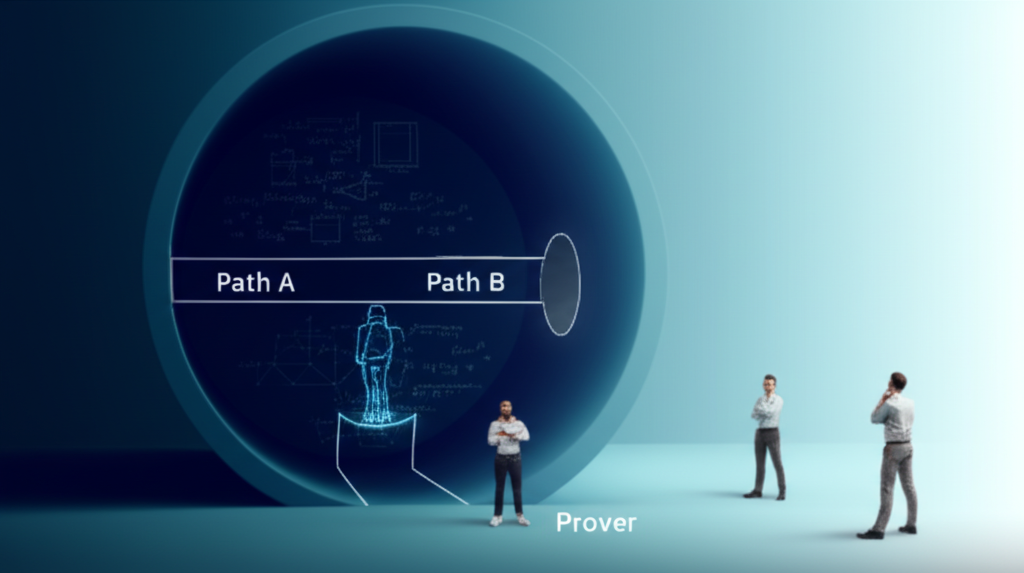 Stylized cave with two paths, figures labeled Prover and Verifier.
