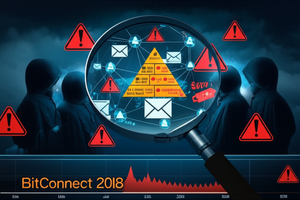 Magnifying glass over crypto scams in a digital market landscape.