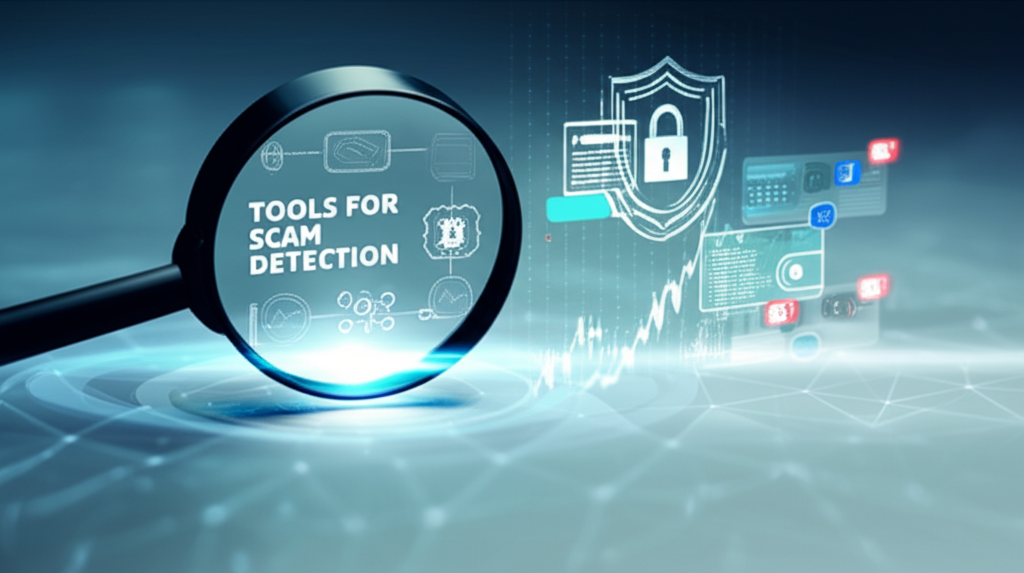 Magnifying glass over digital network with blockchain explorer and market analysis.
