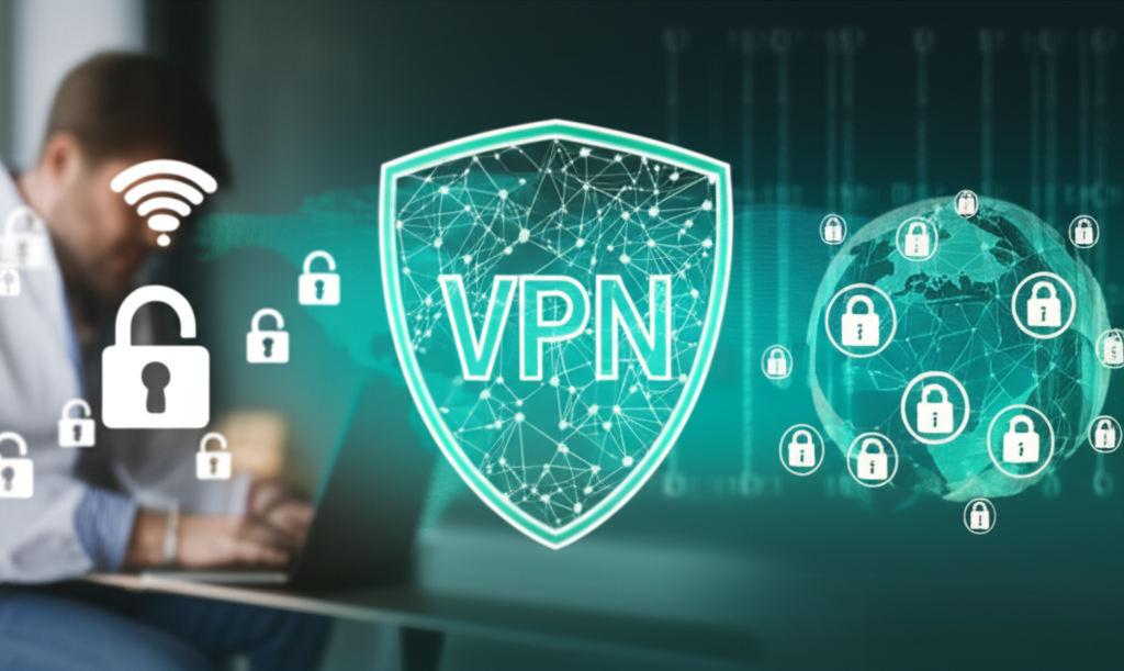 Digital shield with encryption lines over map and IP addresses, café scene with laptop user.