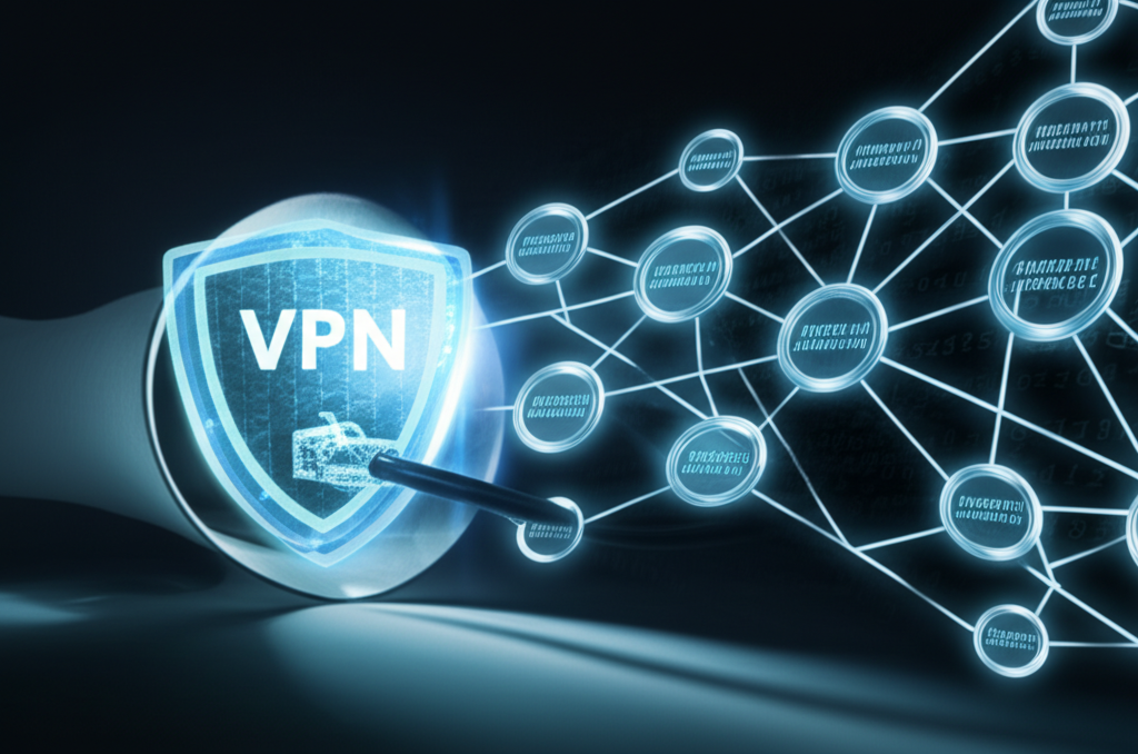 Digital landscape showing VPN protection and blockchain transparency concepts.