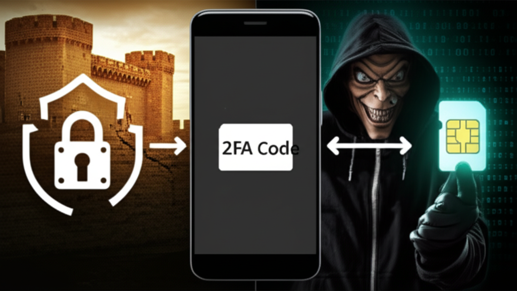 Split image of fortress with cracks and hacker holding SIM card, symbolizing 2FA vulnerability.