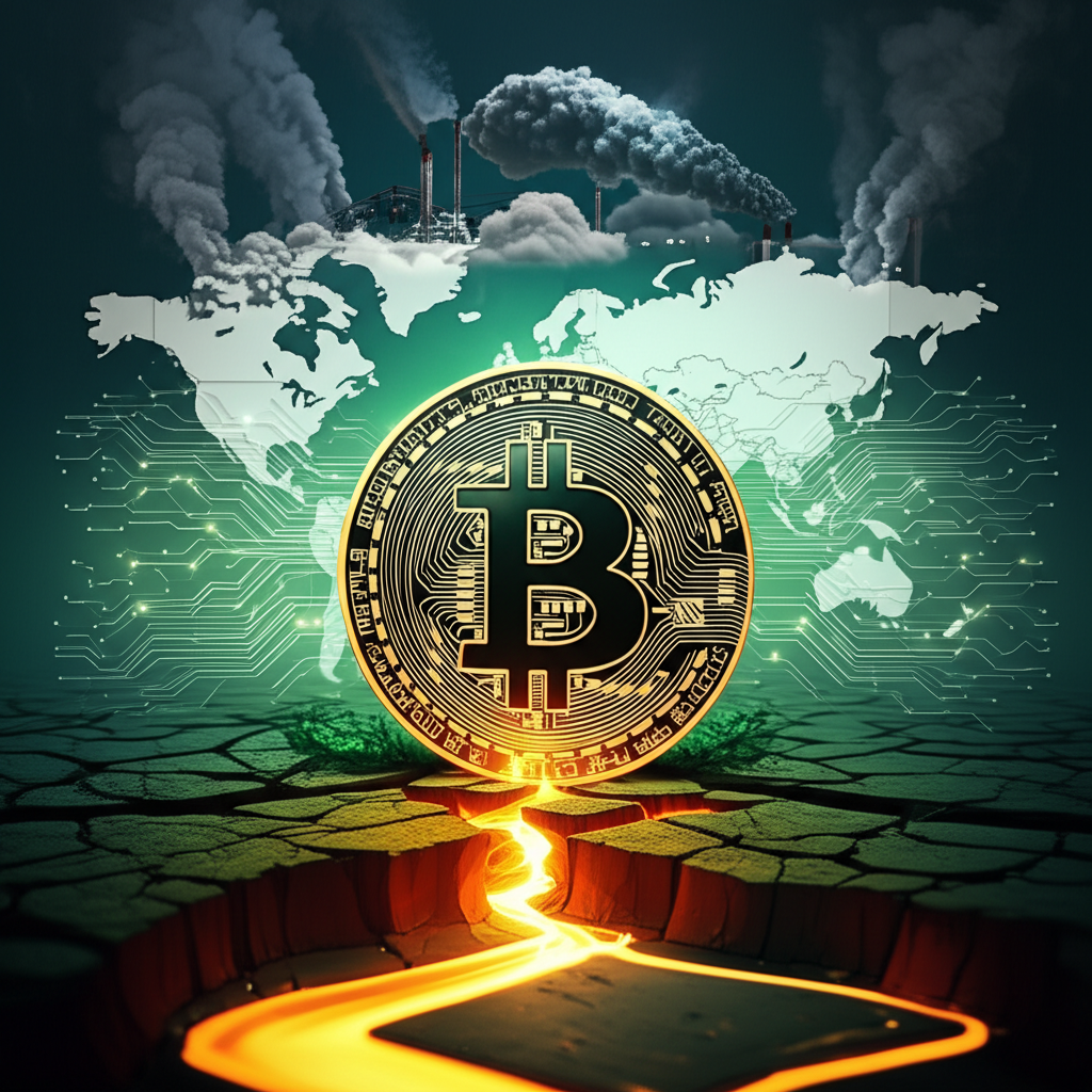 Bitcoin symbol in cracked earth with emissions clouds and global map.