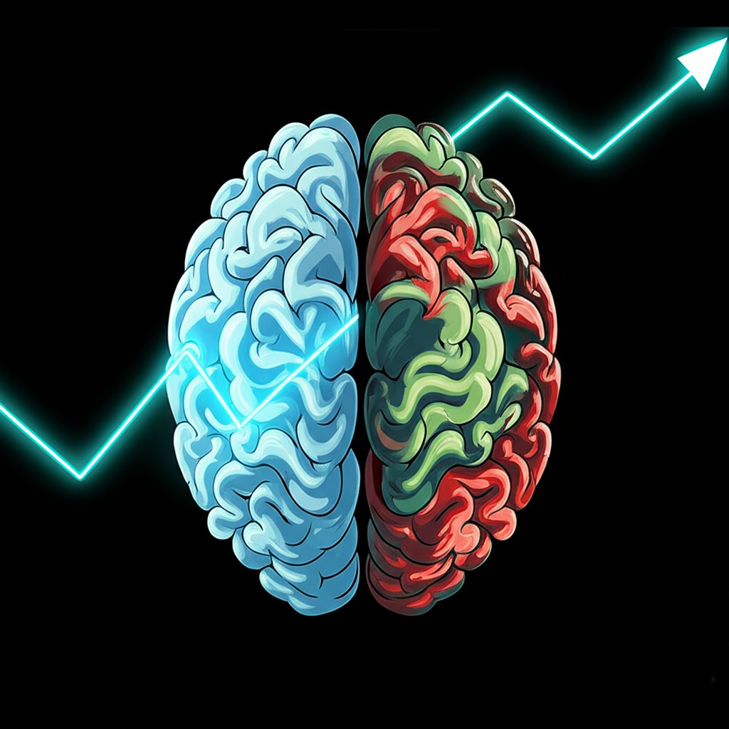 A stylized illustration of a brain split in half, with the left side blue and the right side red and green, set against a black background with an upward trending arrow line passing through it. | Crypto.hu.net