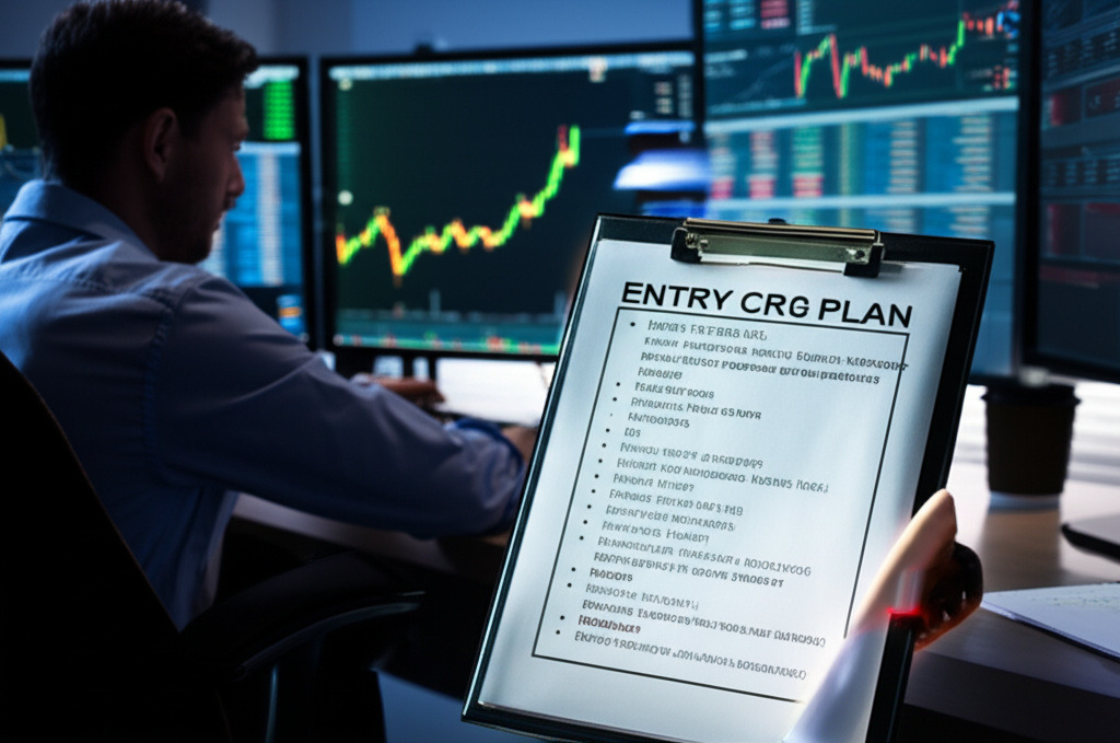 A person sits at a desk with multiple monitors displaying financial charts. In the foreground, a clipboard holds a document titled "ENTRY CRG PLAN" with a list of bullet points and items underneath. | Crypto.hu.net