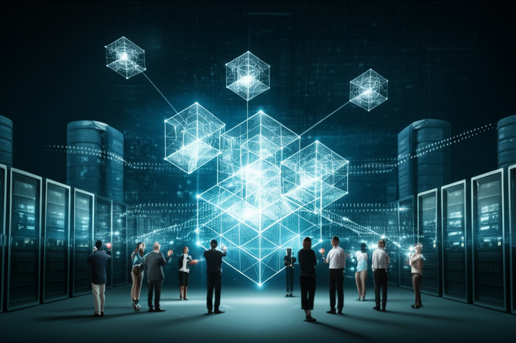 Digital landscape with glowing blockchain cubes and diverse avatars interacting.