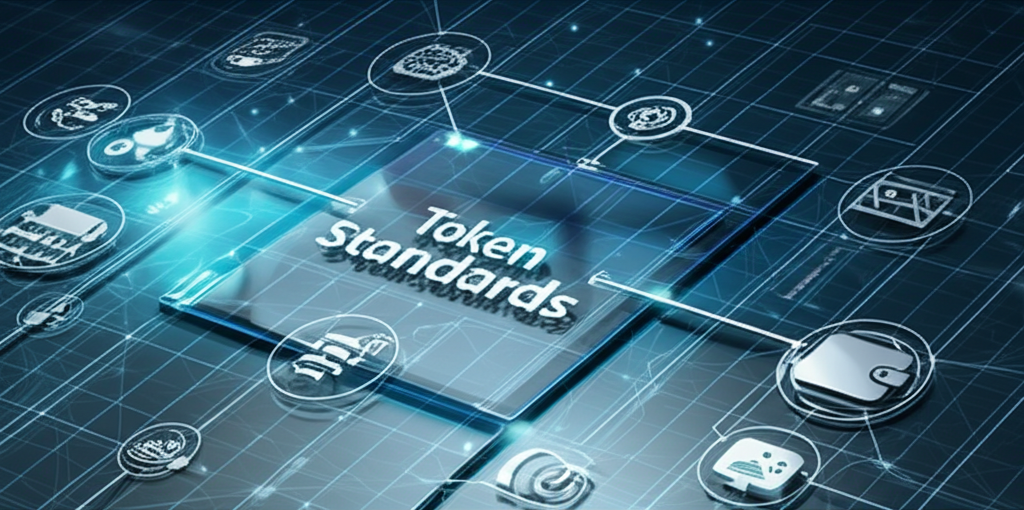 Digital blueprint with token icons and blockchain network elements.