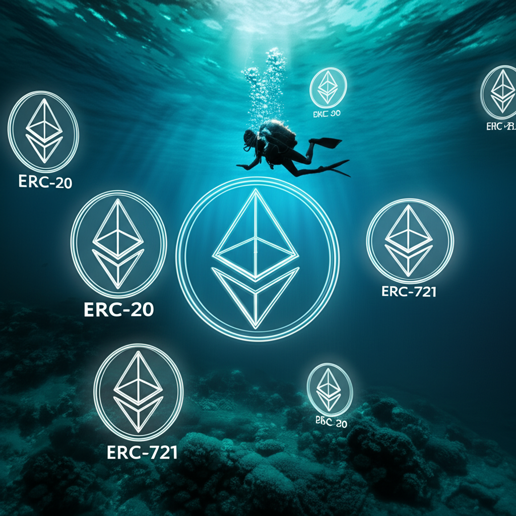 Diver exploring Ethereum tokens ERC-20 and ERC-721 underwater.