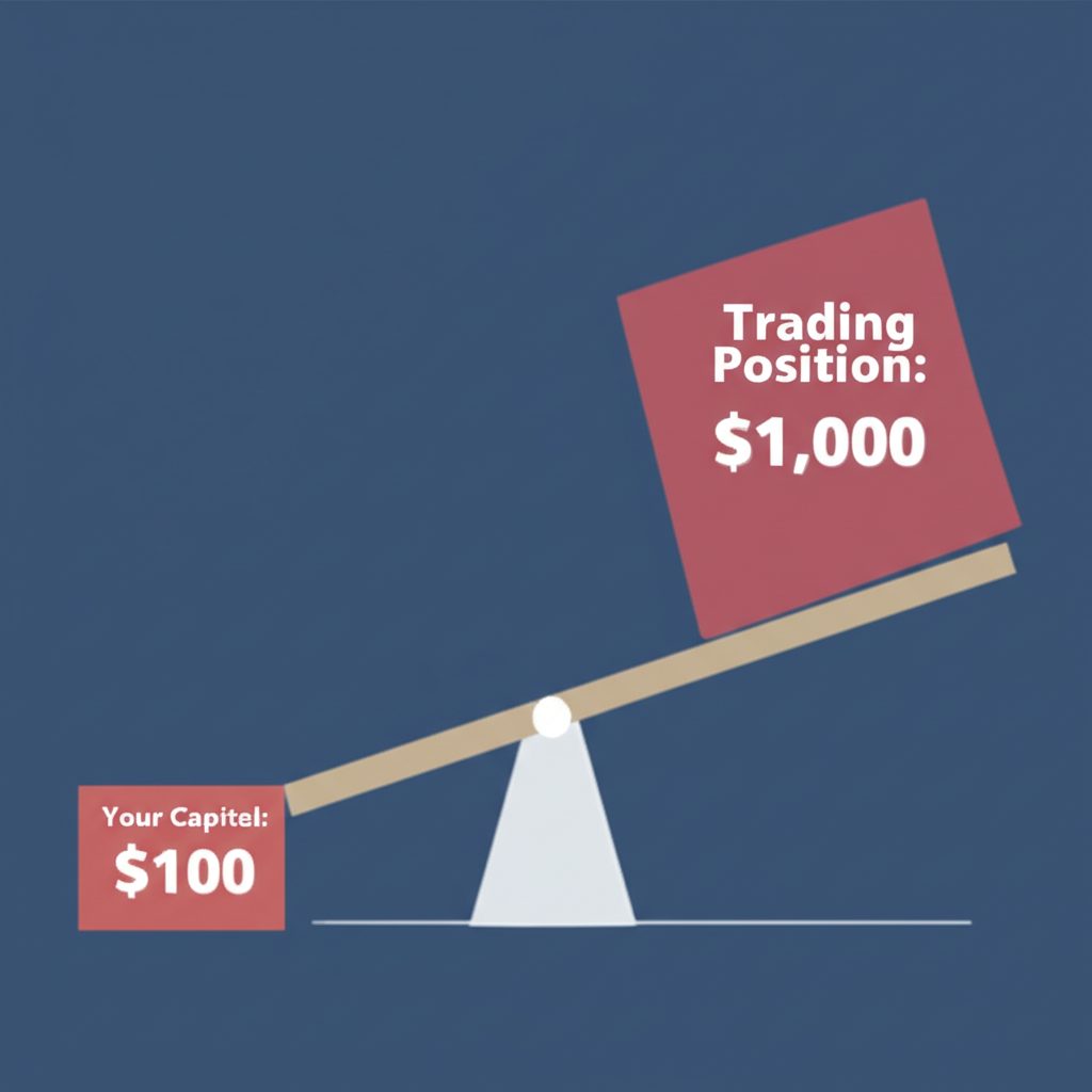 A seesaw with a small box labeled "Your Capital: $100" on one end and a large box labeled "Trading Position: $1,000" on the other, illustrating financial leverage. | Crypto.hu.net