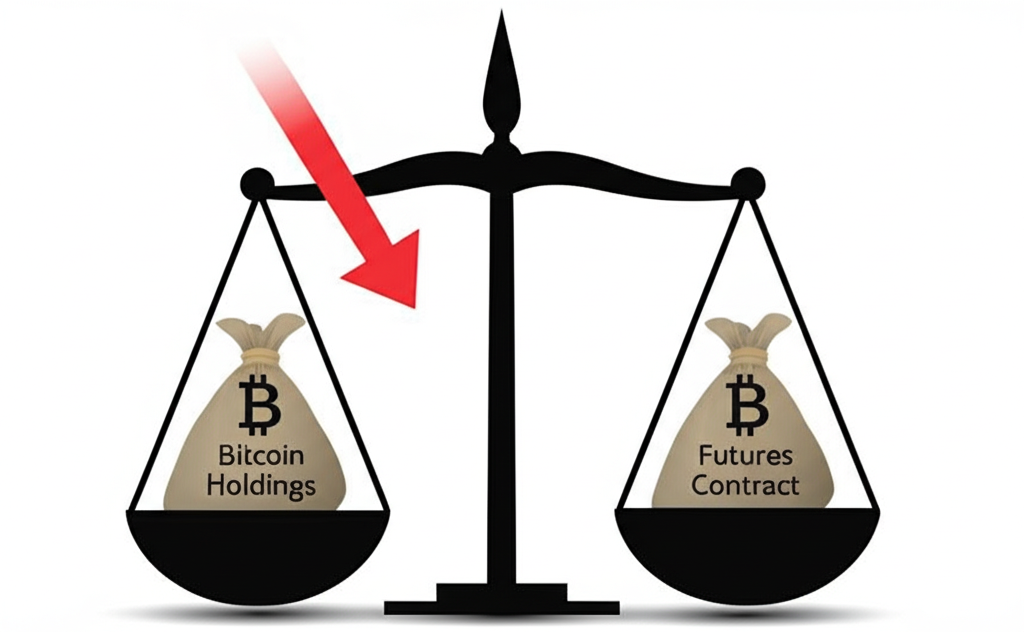 A balance scale with a bag labeled "Bitcoin Holdings" on the left and a bag labeled "Futures Contract" on the right. A red arrow points down toward the "Bitcoin Holdings" side. | Crypto.hu.net