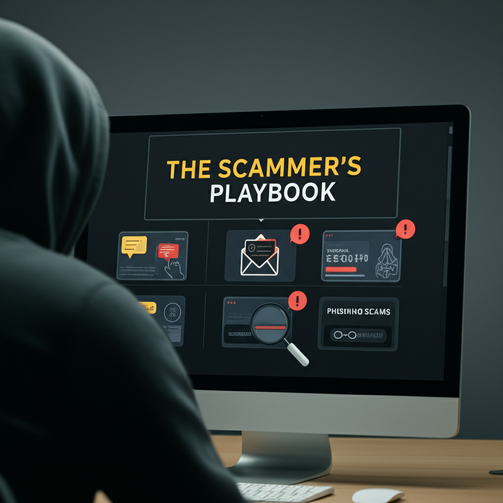 Digital playbook on screen titled 'The Scammer's Playbook' with phishing scam details.